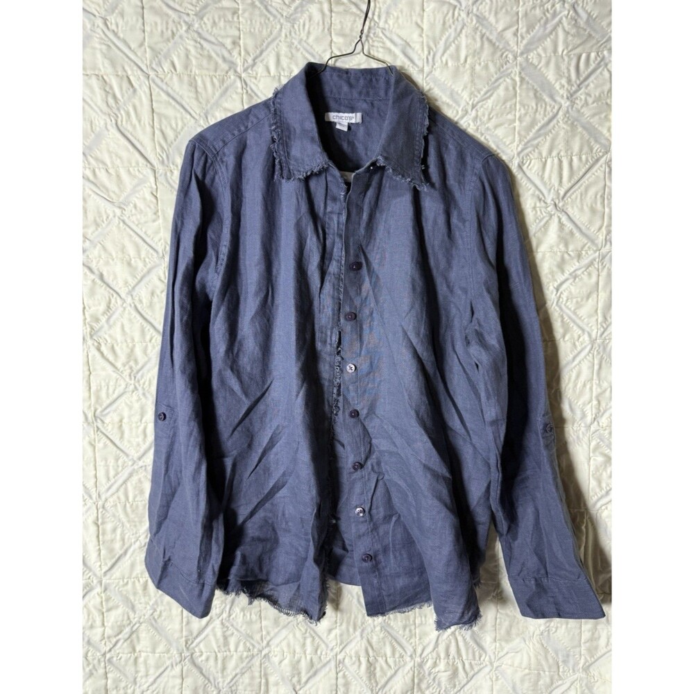Chico’s Size 0.5 Blue Linen Frayed Button Front Shirt Long Sleeve Boho Casual